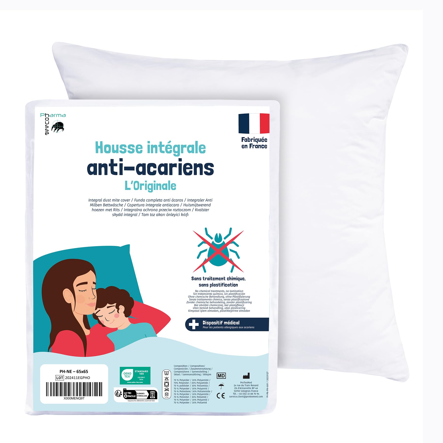 Pharma-Housse Anti-Dust Mite Fully Enclosed Cover for Pillow, 65cm x 65cm, 160 g