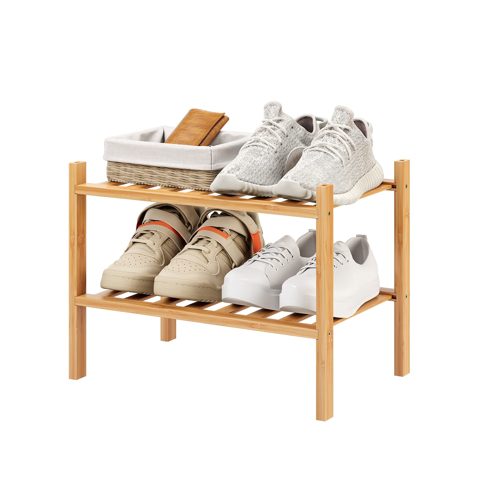 Photo 1 of Furshus Small Shoe Rack, 2-Tier Bamboo Stackable Shoe Shelf Storage Organizer, Shoe Stand for Closet, Entryway and Hallway