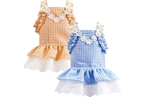 DOGGYZSTYLE 2 Pieces Dog Dresses for Small Dogs Girl Female Cute Plaid Dog Sundresses Puppy Cat Skirt Doggie Birthday Party Princess Dresses Pet Summer Clothes Apparel Costumes (Blue+Orange,XL)