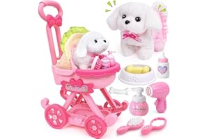 Golray Dog Toys for Kids Girls, Stroller & Electronic Interactive Stuffed Dog Plush Can Walk Bark, 10 Pcs Toddler Girl Toy Dog Puppy Pet Care Pretend Play Set, Birthday Gifts for Little Girl 3 4 5 6 7
