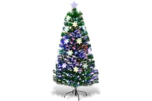 Goplus 4ft Pre-Lit Fiber Optic Christmas Tree, Artificial Xmas Full Tree with Colorful Snowflake LED Lights, 125 Branch Tips, Foldable Base, for Indoor Home Office Decor
