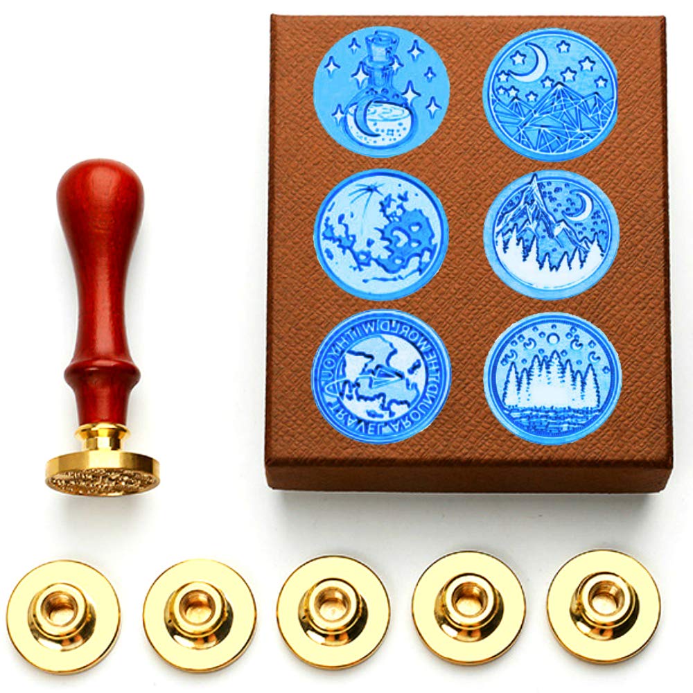 Wax Seal Stamp Set, ANBOSE Moon Star Mountain Wax Sealing Stamp Kit Including 6 Pieces Copper Seals + 1 Wooden Hilt, Retro Vintage Sealing Wax Stamp Kit for Letter Cards Invitations