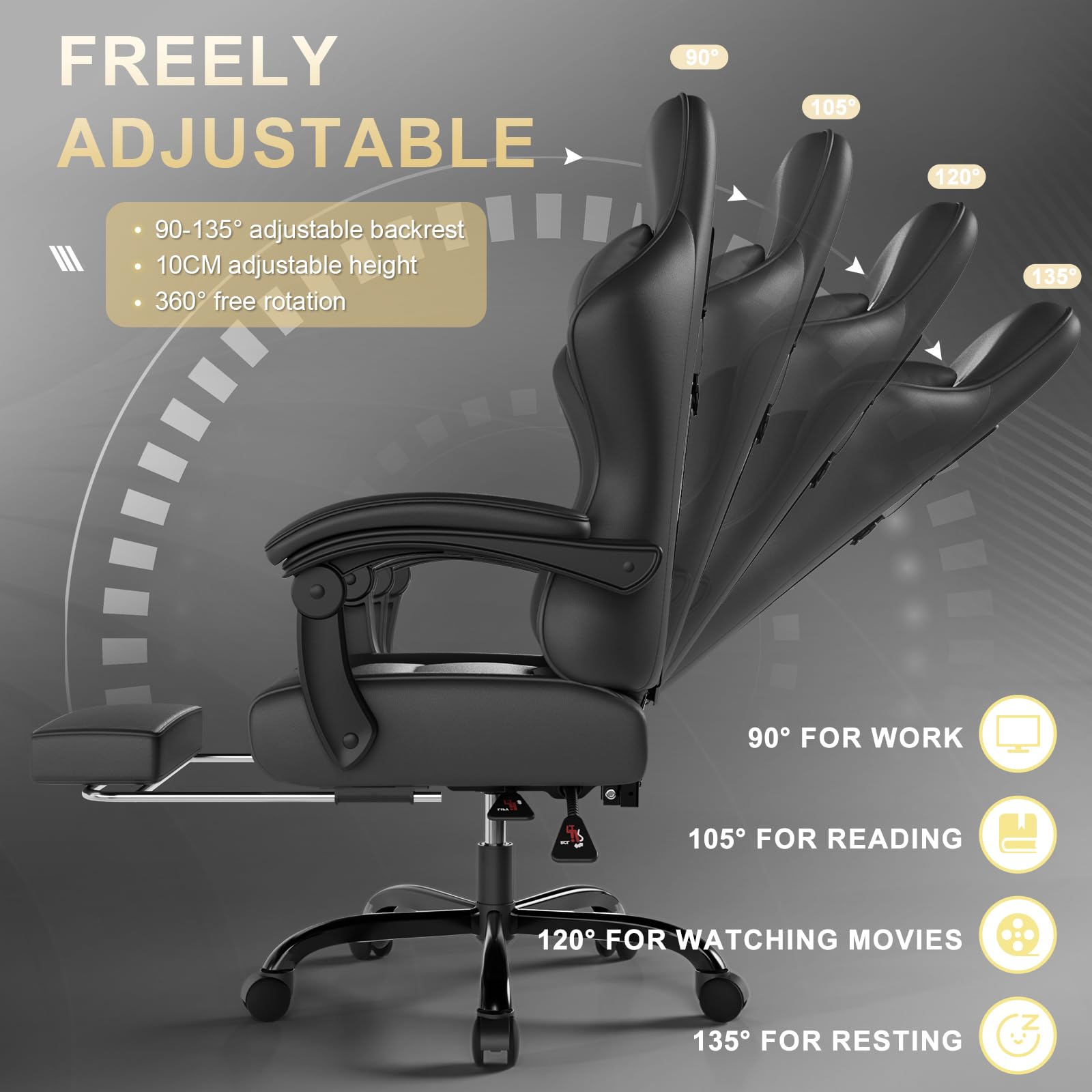 Triumphkey Gaming Chair For Adults With Footrest, Ergonomic Computer Chair With Massage Lumbar Support, Reclining Backrest, Swivel Office Gamer Chair With Headrest, Black - View 4