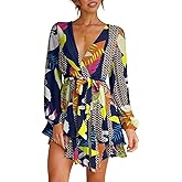 Cosonsen Women's Dress Deep V-Neck Long Sleeve Waist Tie Ruffle Mini Swing Skater Dresses