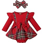 Hnyenmcko Newborn Baby Girl Christmas Clothes Infant Red Plaid Romper Dress Ruffle Long Sleeve Ribbed Bodysuit Headband Set