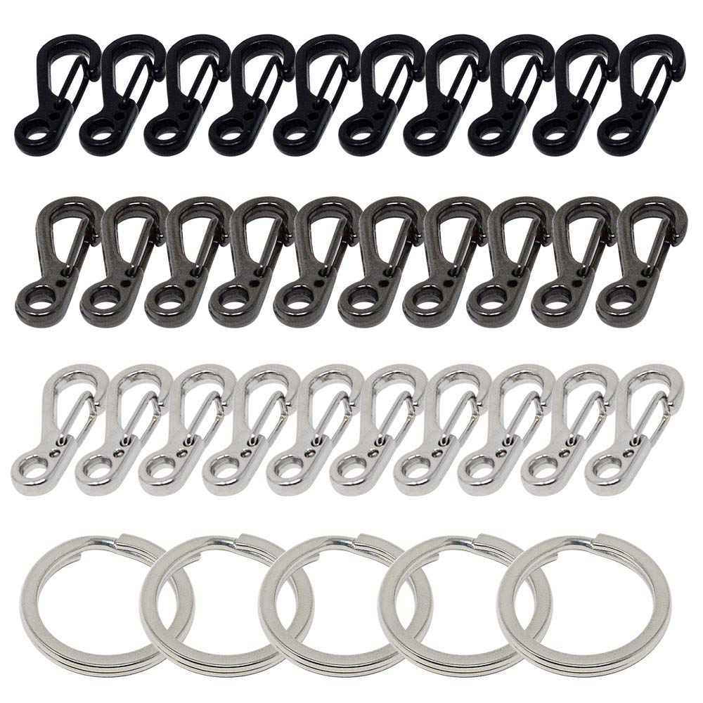 30 Pcs Mini SF Carabiner Clip Backpack Clasps Camping Hiking Spring Clip Hook Backpack Snap Clip Hook Light Metal Carabiner Clip Hook,(Black,Sliver,Gun Black) +5 Pcs Keyrings by mifengdaer