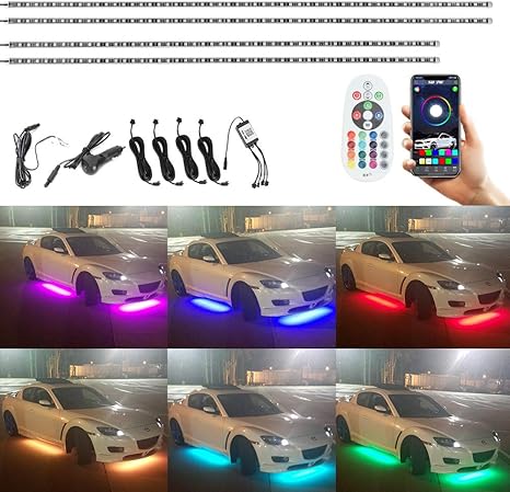 Amazon Ledアンダーグロー照明キット 車下照明キット マルチカラーrgbストリップ 電話アプリ リモコン アルミケース付き ライト ランプ 車 バイク