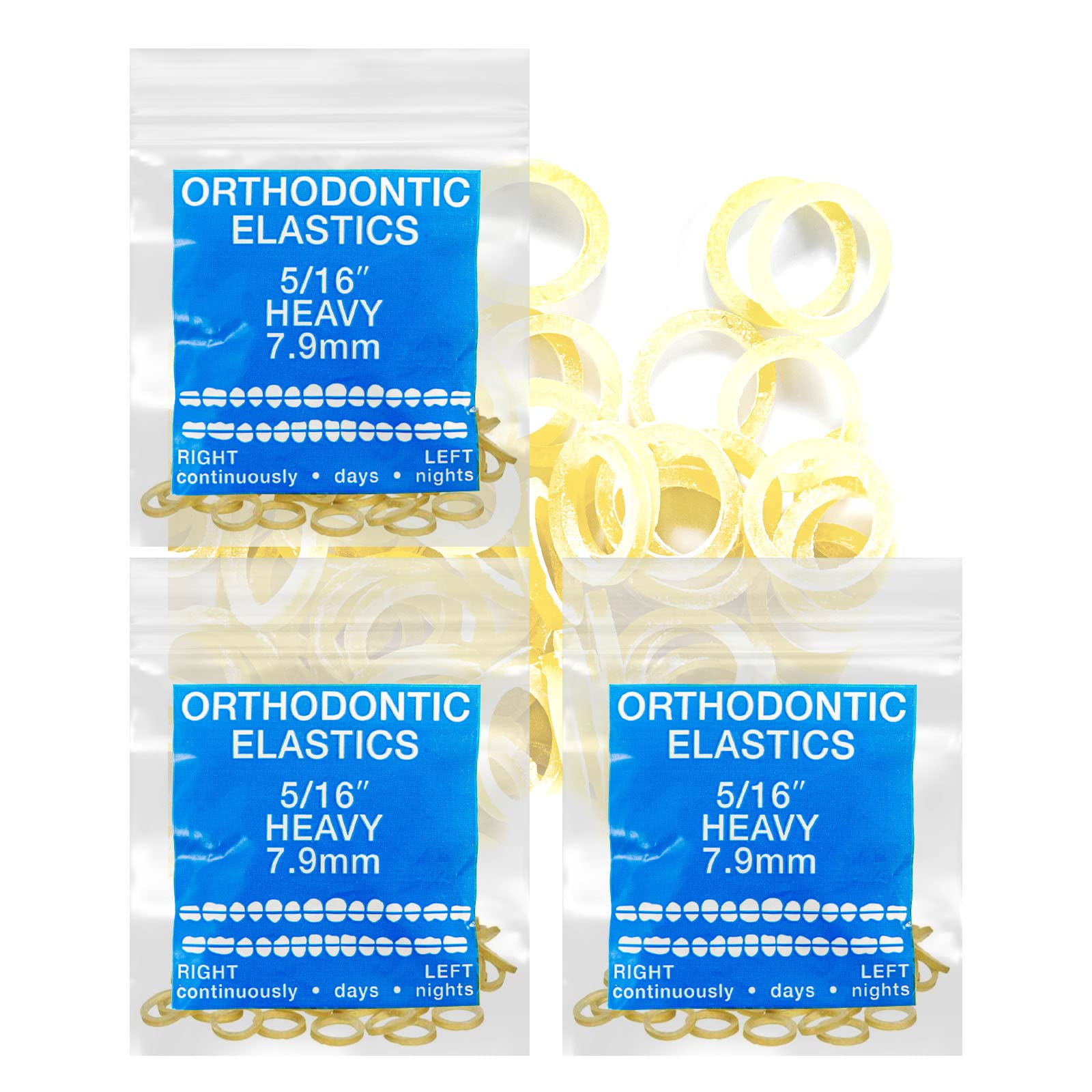 Amber Latex 3 Packs 300 counts 5/16inch (8mm) Heavy (6.5oz) Intraoral Elastic Bands Unimedic Orthodontic Elastics Dental Rubber Bands Made in US (HEAVY, 5/16inch, 8mm)