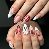 30Pcs Halloween Press on Nails Almond 3D Ghost Blood French Nails | Red Red Rhinestone Spider Web Design, Glossy Finish, Acrylic Press on False Nails, Reusable, Stick on Nails for Women
