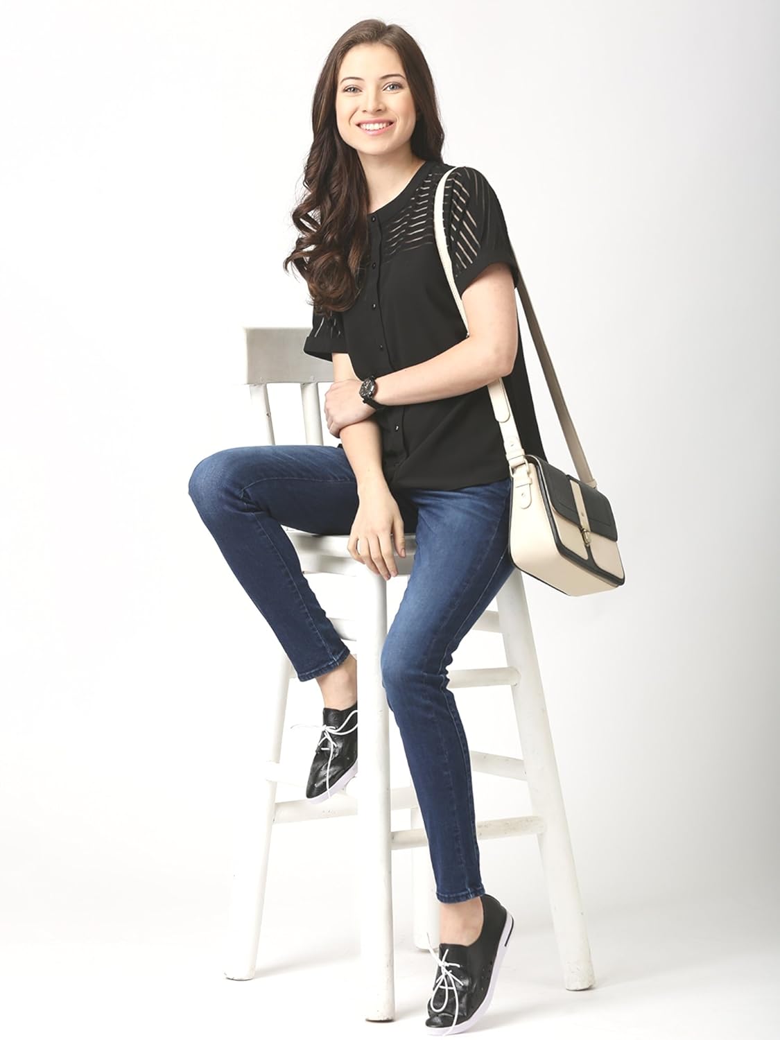 marie claire black georgette self-striped top (mc10125)