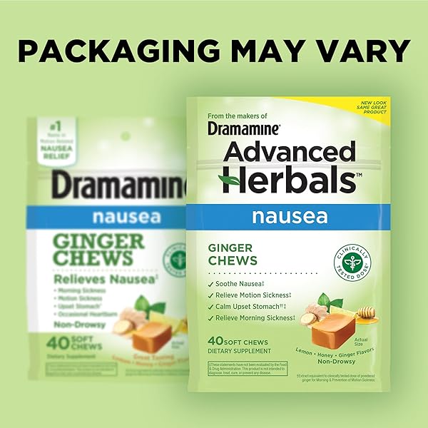 FROM THE MAKERS OF DRAMAMINE, ADVANCED HERBALS GINGER CHEWS FOR NAUSEA RELIEF, MORNING SICKNESS RELIEF & MOTION SICKNESS RELIEF DURING TRAVEL, LEMON-HONEY, 40 COUNT