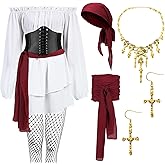 Xtinmee 7pcs Women's Pirate Costume Pirate Outfit Adult Blouse Corset Headband Belt for Halloween Cosplay Party