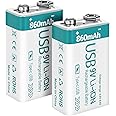 Rechargeable 9V Lithium USB Battery 860mAh with 4 in 1 Charge Cable, 9 Volt Batteries 6f22 for Smoke Detector Alarms (2Pack)