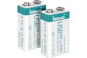 winbasic Rechargeable 9V Lithium USB Battery 860mAh with 4 in 1 Charge Cable, 9 Volt Batteries 6f22 for Smoke Detector Alarms (2Pack)