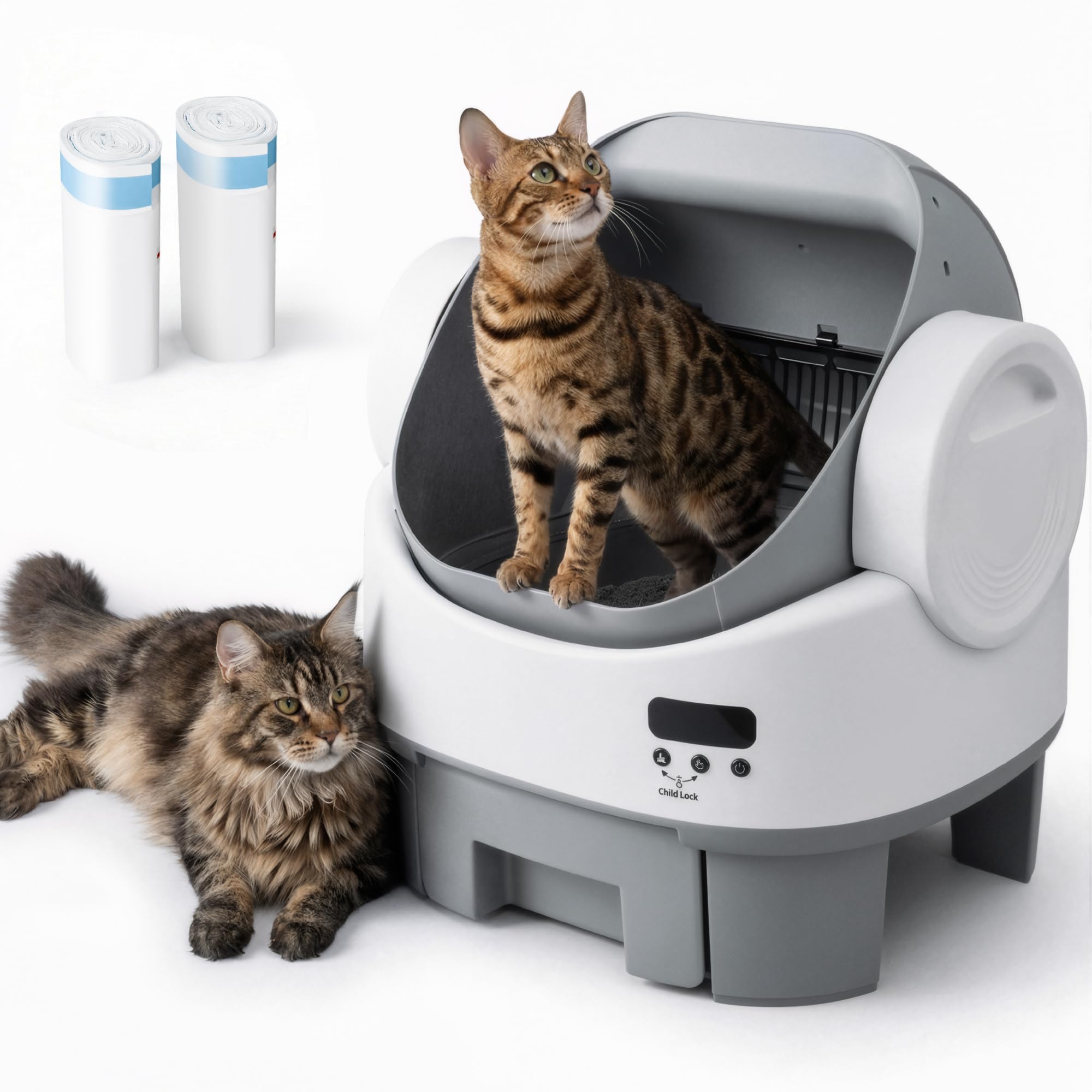 WARCAT Automatic Litter Box丨Open Top, Child Lock, Gray&White | 10 sensors + child lock, 10L sealed drawer holds 10 days, no a