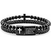 Hengbofeng Mens Bracelet Cross, Black Braided Leather with Stainless Steel Cross & Onyx Bead Cuff Bracelet,7.5-9.5 Inch Fit for Dad, Brother, Son - Bible Verse Christian Religious Gift for Men
