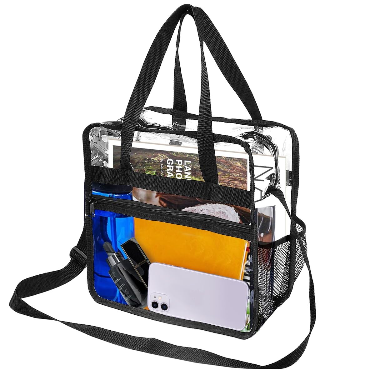 M MUNCASO Clear Tote Bag Large Toiletry Bag Transparent Bag Clear Crossbody Bag with Adjustable Shoulder Strap and Zipper Closure, Perfect for Work, Sports Games, Concert (Black#1)