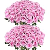 Hananona 50 Artificial Roses in Bulk, Fake Silk Pink Roses Realistic Roses for Wedding Centerpieces Flower Arrangement Home Decor (50, Pink)