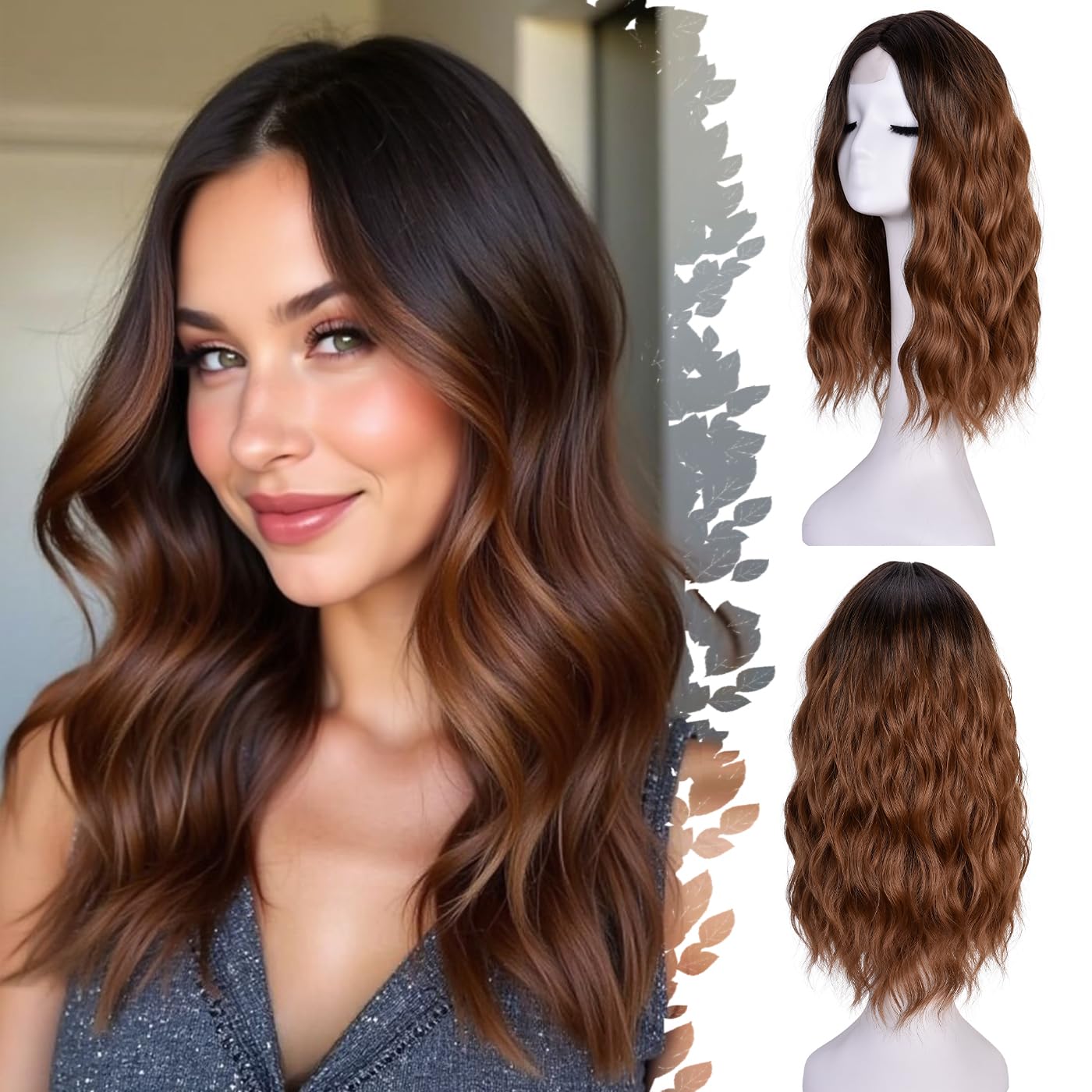 Photo 1 of ANNISOUL Ombre Brown Short Wavy Wigs for Women 18Inch Bob Wave Wig Middle Part Synthetic Lace Front Natural Hairline Hair for Daily Party Use
