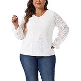 Agnes Orinda Plus Size Top for Women Lace V Neck Long Sleeve Through Floral Dressy Casual Blouses Tunic Tops