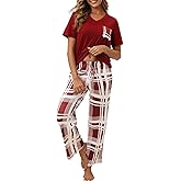 Luwnlorder Womens Pajama Sets 2 Piece Short Sleeve Pjs Tops and Long Pants Sleepwear Lounge Set with Pocket