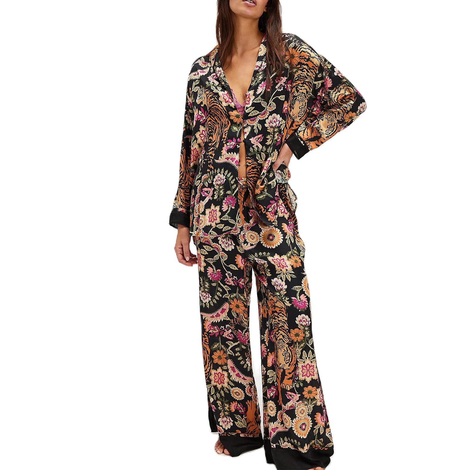 Photo 1 of Fenghualzzniya Women Satin Pajama Set Floral Silk Pajamas 2 Piece Lounge Sets Button Down Shirts Wide Leg Pants Pjs Sleepwear, Floral Black, Large