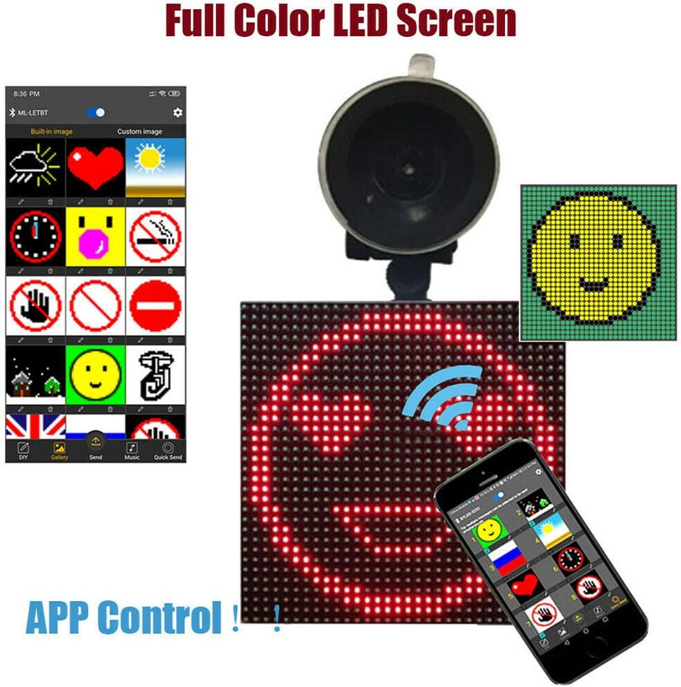 Smart DIY Emoji Device,Designed with Smart Bluetooth Programable 12v Graphic Text Animations & Full Color Mini Smiley Face LED Screen to Use in Cars or Uber/Taxi