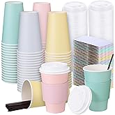 Bokon 100 Pack Disposable Coffee Cups 16 oz Spring Paper Coffee Cups Bulk with Lids Sleeves Straws Pastel Disposable Insulated Drinking for Hot Cold Beverage Tea Drinks Easter Party Supply, 4 Colors