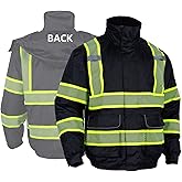 QELIN High Visibility Bomber Work Jacket for Men, ANSI Class 3 Waterproof Reflective Safety Jacket with Hood, Fleece Lining