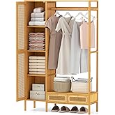 Giantex Bamboo Clothes Rack with Shelves, Freestanding Garment Rack w/Rattan Door, Hanging Rod, Storage Shelf, 2 Drawers, 7-Tier Heavy Duty Wardrobe Closet Organizer w/Cabinet for Entryway Bedroom