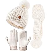 Kids Winter Hat Gloves Scarf Set, Girls Boys Toddler Winter Hat Beanie Pom Knitted Scarves Mittens Fleece Lined Age 5-12