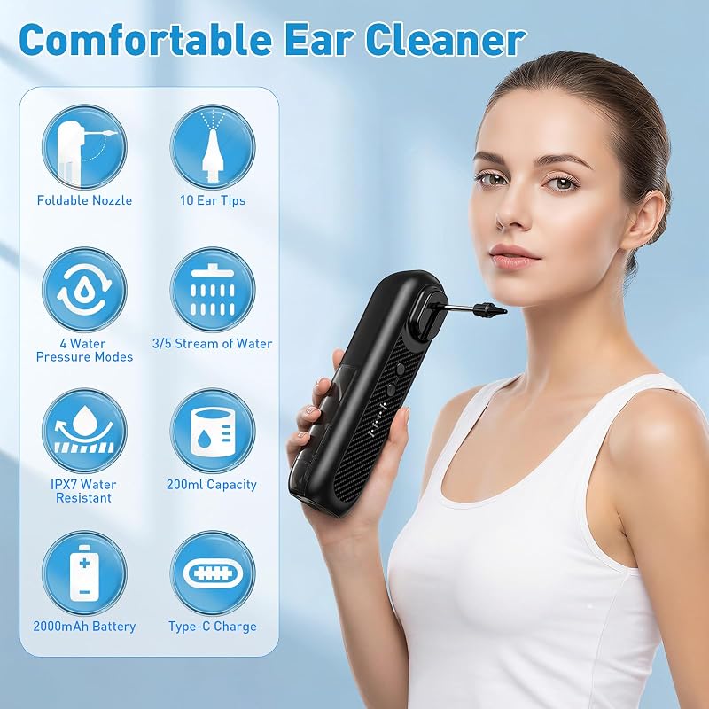 Limpiador de Oídos Eléctrico, Removedor de Cerumen con 5 Modos de Limpieza, Sistema de Irrigación Auditiva con Pantalla LCD, IPX5 Impermeable, Depósito de 250ml, Recargable USB-C