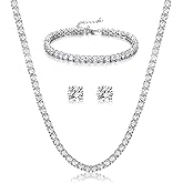 BriLove Wedding Bridal Cubic Zirconia Classic Sparkling Tennis Bracelet Necklace Earrings Jewelry Set for Women Clear Silver-Tone