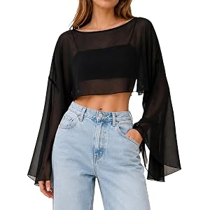 Avanova Women Boat Neck Sheer Mesh Crop Top Bell Long Sleeve Tops | Flare Sleeve, See Through Shirts, Sexy Chic, Lightweight
