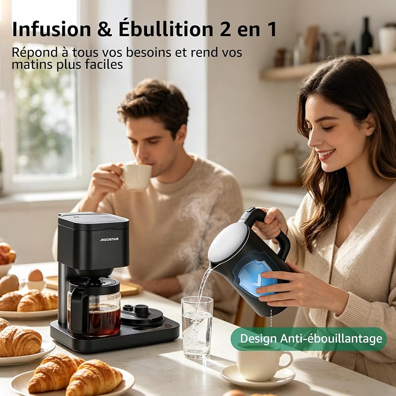 Cafetière Filtre 3‑en‑1,8 Tasses, Temp.60‑100°C,Panneau Tactile LED