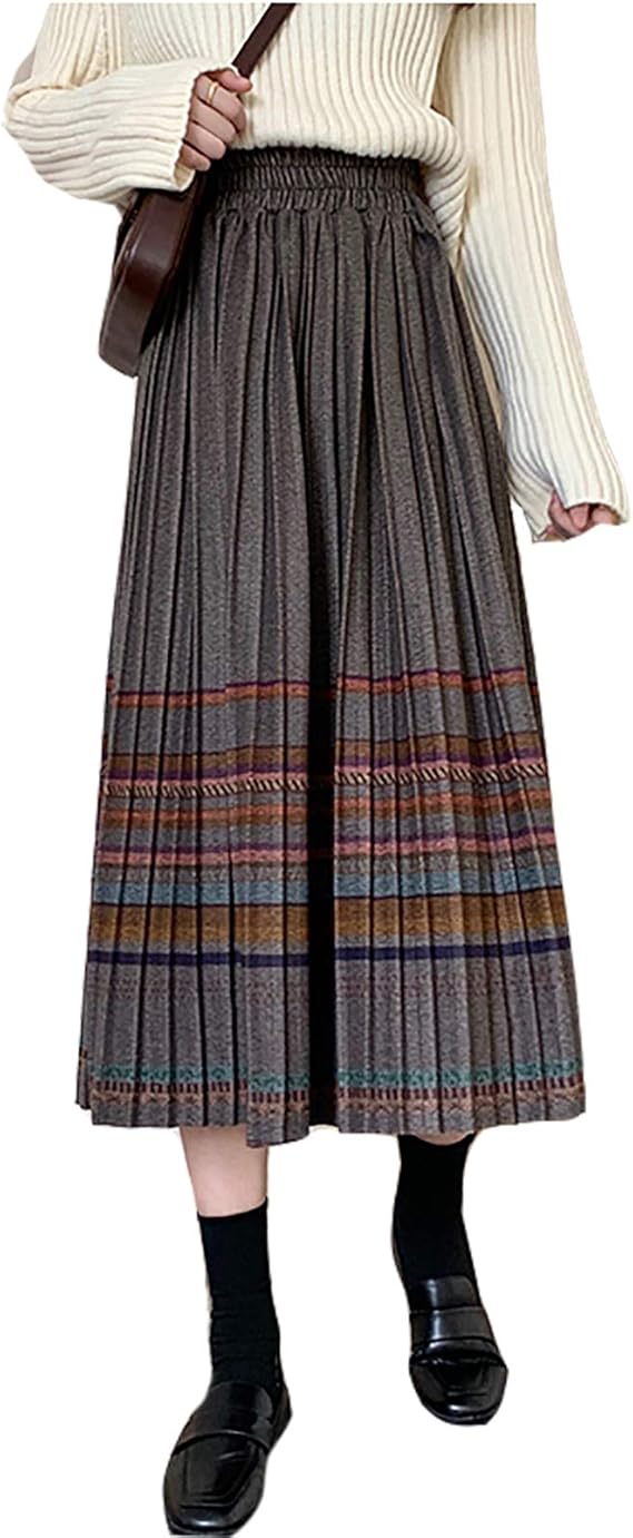 Amazon Yemocile エスニック ニットスカート プリーツスカート ロング丈 チェック柄 ストライプ レディース 体型カバー ウエストゴム かわいい 春秋冬 スカート 通販