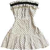 WDIRARA Women's Polka Dots Strapless Ruffle Mini Dress Lace Sleeveless Tube Dresses