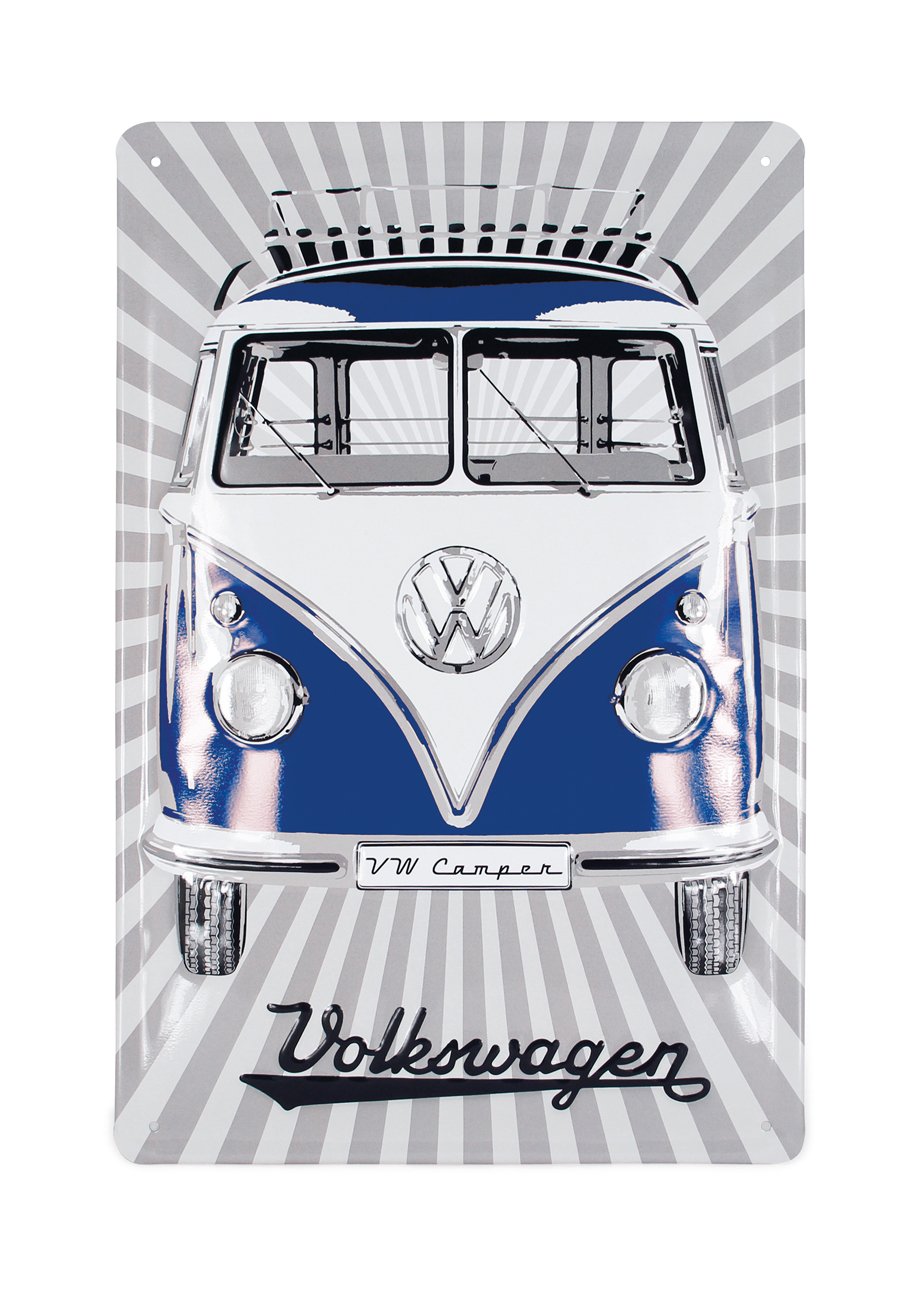 BRISA VW Collection - Volkswagen Retro Tin Sign Vintage Decoration made of Metal in T1 Bus Design (Front/Blue)