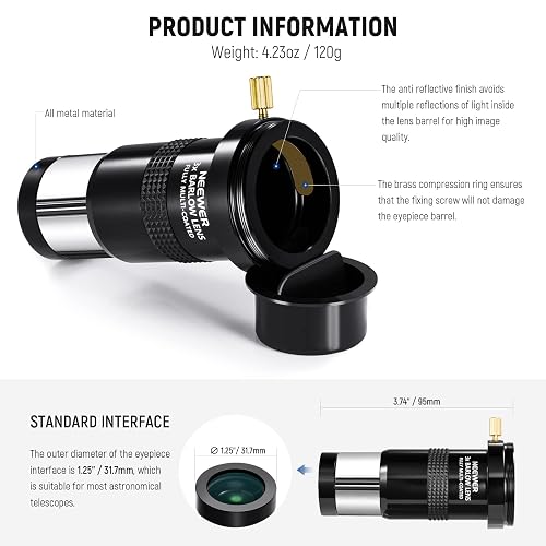 2X Barlow Lens For Telescopes - Multi-Coated 1.25" Eyepiece Doubler With M42 Thread For DSLR Connection
