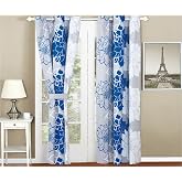 All American Collection New 4pc Flower Printed Curtain Set for Reversible Bedspread Set (Panel, Blue/Grey)