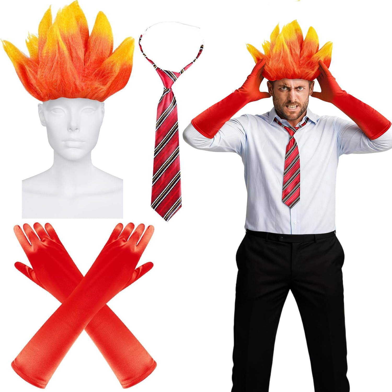 View 1 of 3 Pcs Halloween Angry Costume Accessories with Flame Hairy Stripe Tie and Gloves for Women Men Halloween Costume Emotion Cosplay (Flame)