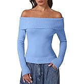 QINSEN Cotton Off The Shoulder Sweater for Women Long Sleeve Ribbed Knit Pullover Sweater Slim Fit Going Out Tops