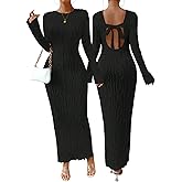 Narecte Fall Dresses for Women Long Sleeve Maxi Dress Backless Bodycon Dresses Casual Long Formal Dress