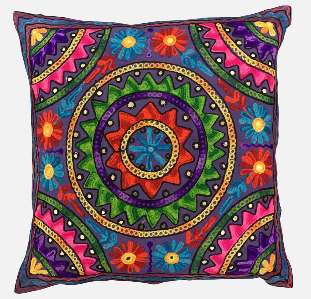 Original Kikan Suzani Multi Colour Floral Embroidery 24" x 24" 60 x 60 cms Indian Ethnic Floor Cushion Cover Sofa Pillow Zipper Vegan (NAVY)