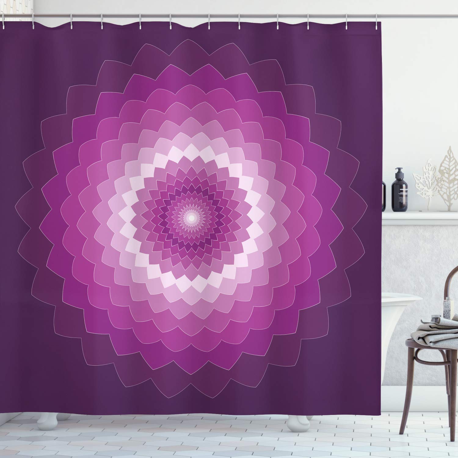 ABAKUHAUS Purple Shower Curtain, Graphic Carnation Flower Optical Illusion Symmetric Vibrant Display, Cloth Fabric Bathroom Decor Set with Hooks, 175 x 200 cm, Purple Magenta White