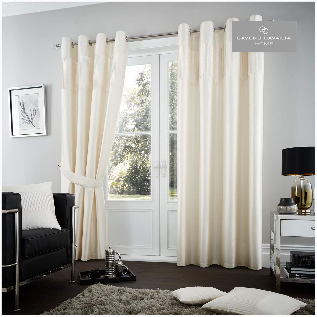 Gaveno Cavailia Fuel Eyelet Curtains Cream, 100% Polyester Luxury Ring Top Drapery with Matching Tie Backs, Two 90"x90" Glamorous Panels, Easy Care Window Treatment
