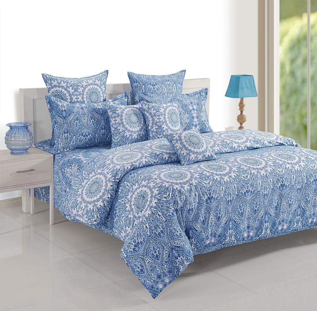 Swayam Queen Size Cottongraphic Pattern - Bedding Set, Blue, 11022