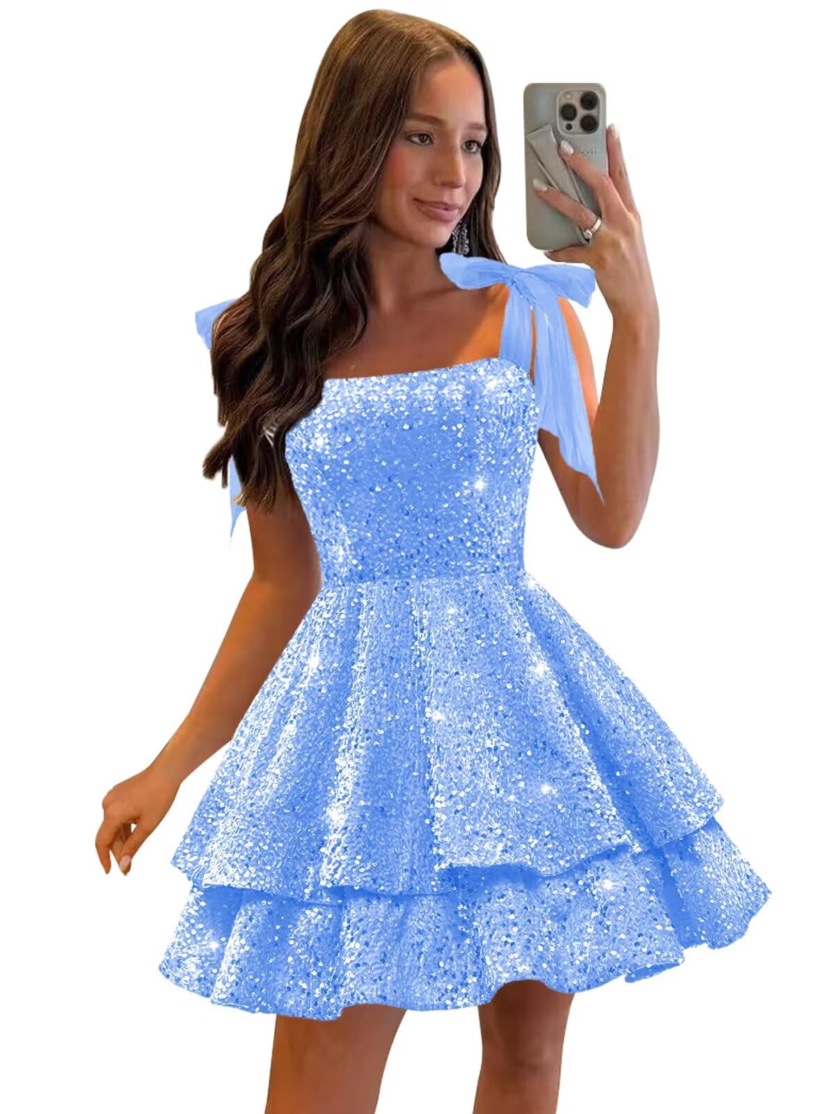 Photo 1 of TORYEMY Short Homecoming Dresses with Bow for Women Light Blue Sparkly Cocktail Dress Layered Spaghetti Straps Size 2