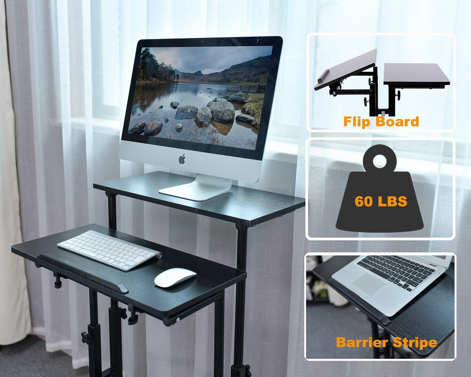 AIZ Mobile Standing Desk, Adjustable Computer Desk Rolling Laptop Cart on Wheels Home Office Computer Workstation, Portable Laptop Stand for Small Spaces Tall Table for Standing or Sitting, Black: Kitchen & Dining