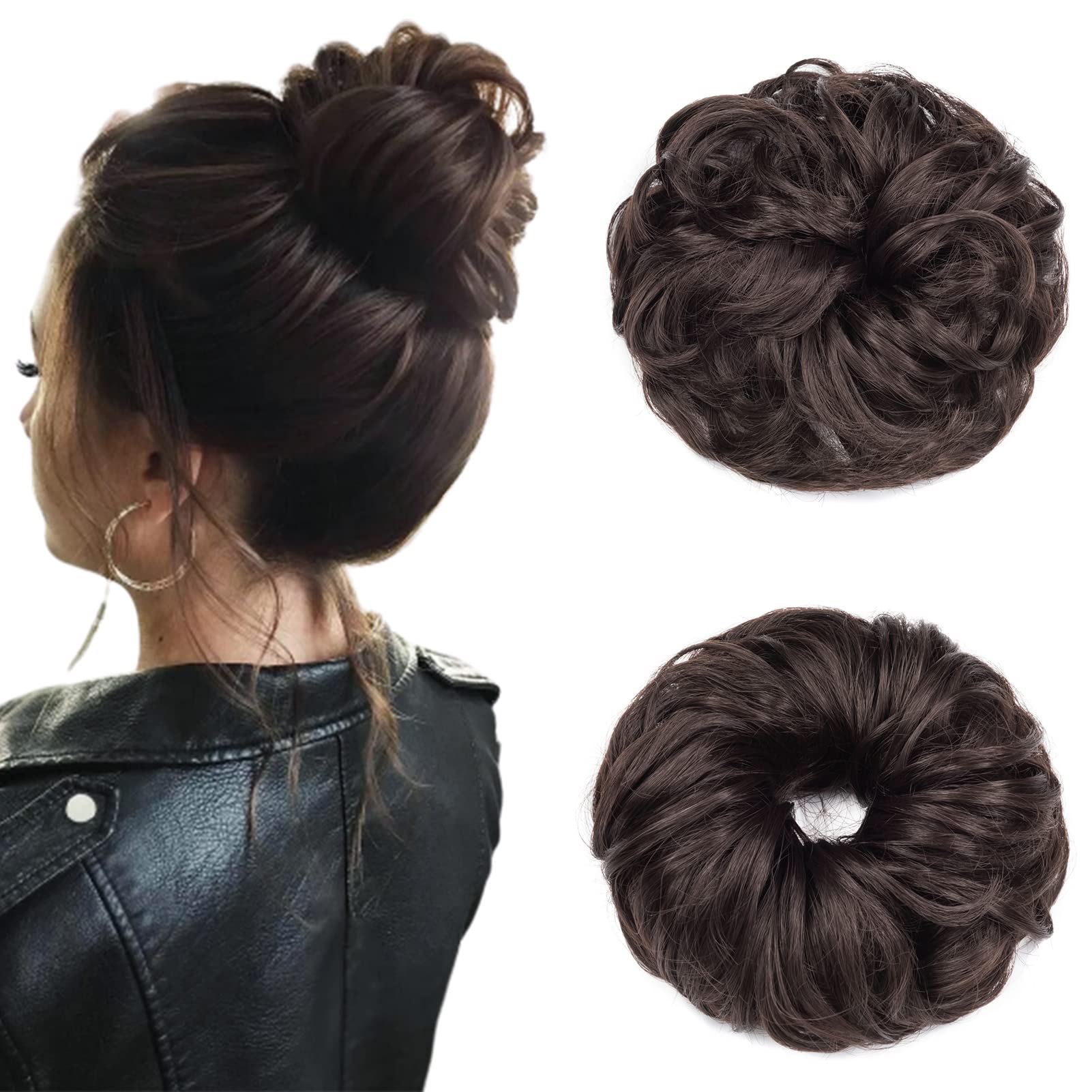 Cybelleza Messy Bun Hair Piece Wavy Curly Hair Scrunchies Thick Messy Hair Bun Updo Hairpiece Synthetic Ribbon Ponytail Extensions Donut Chignons Wavy Wig for Women Girls, 40g Brown — image 1